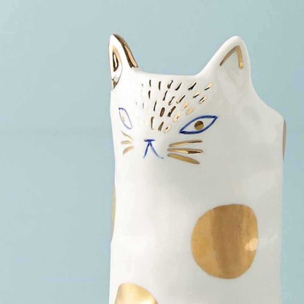 Anthropologie x BirdCanFox Cat Kitten Planter Vase (white with golden dots) NIB